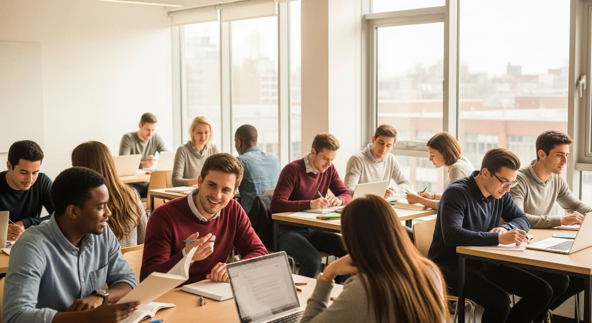 Diverse students engaged in collaborative language learning in a modern bright classroom