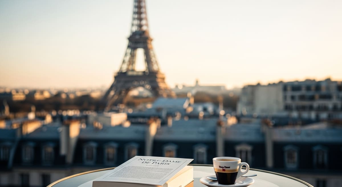 Eiffel Tower view at golden hour with French language book
