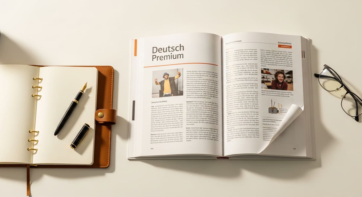 Open German textbook with notebook representing A1 to C2 progression