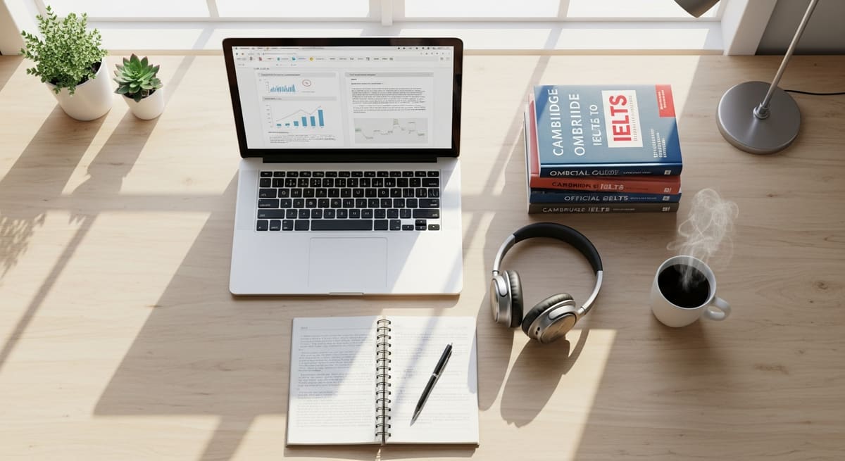 Premium IELTS preparation study setup with books and headphones