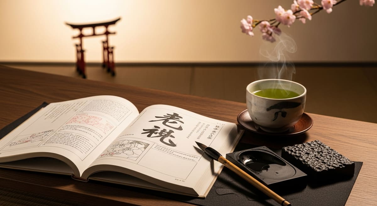 Traditional Japanese study scene with textbook and calligraphy brush
